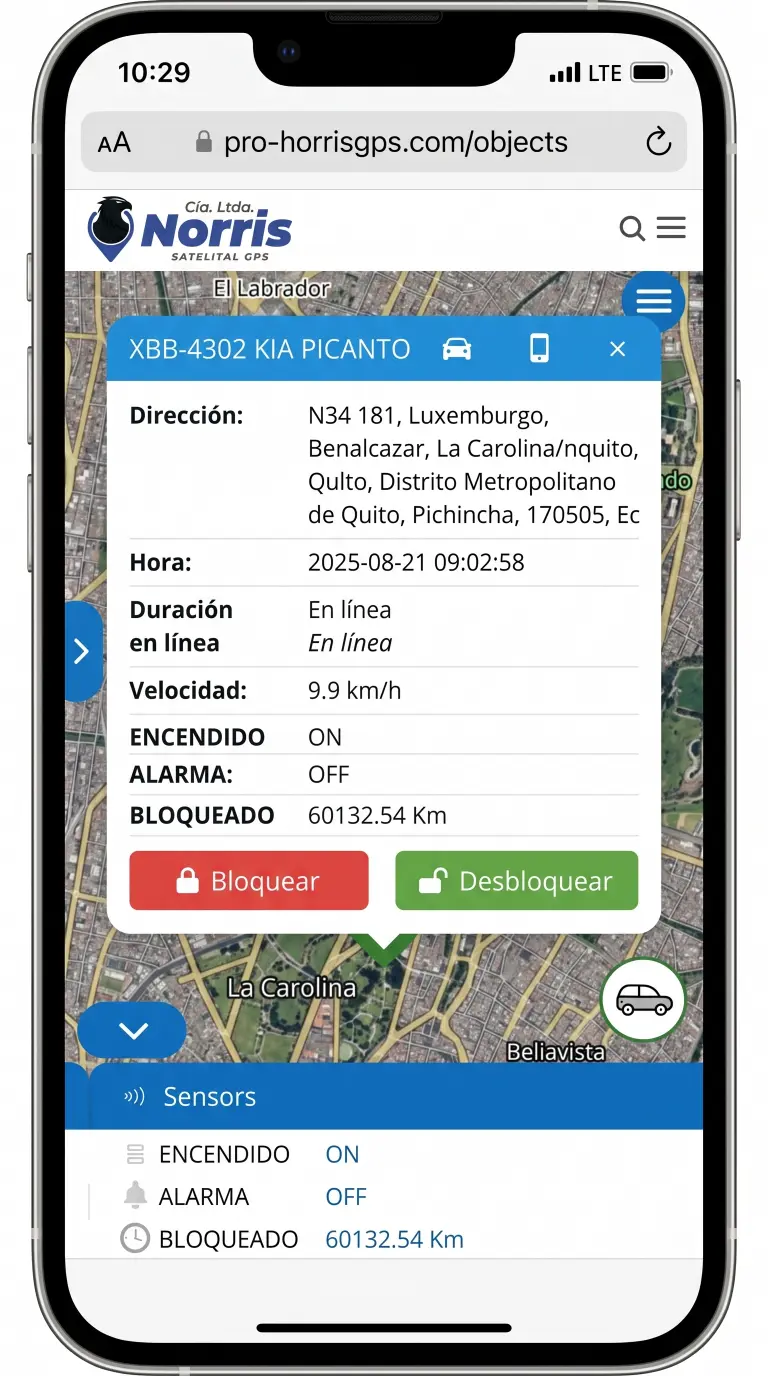 App NorrisGPS mostrando rastreo en tiempo real
